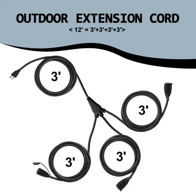 Alt view image 13 of 14 - Outdoor Extension Cord 1 to 3 Splitter, Max 6ft End to End (12FT Total), 3 Prong Outlets Plugs, 16/3 SJTW Weatherproof Wire for Christmas Landscape String Lights, Black