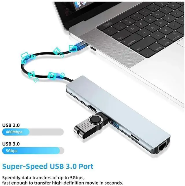 Alt view image 13 of 14 - USB C Laptop Docking Station 8 in 1 USB C Hub Adapter with 4K HDMI,Ethernet,2 USB,Type-C,SD TF Card Reader,PD 100W Compatible with iPhone16/MacBook/Dell and Other Type C Laptops Device