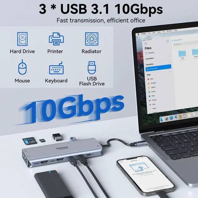 Alt view image 13 of 14 - USB C Docking Station Dual Monitor, Selore 13-in-1 Triple Monitor with Dual HDMI, DP, 100W PD, Gigabit Ethernet, 10Gbps USB A/C Ports -Laptop Docking Stations for Dell, HP, Lenovo, MacBook