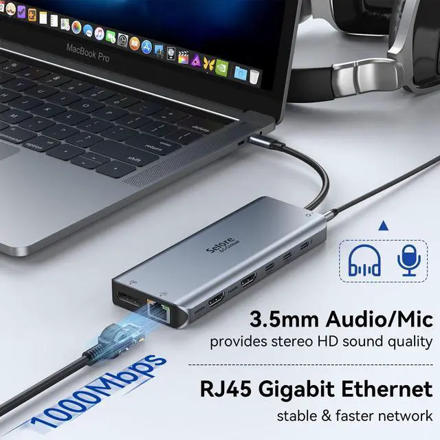 Alt view image 14 of 14 - USB C Docking Station Dual Monitor, Selore 13-in-1 Triple Monitor with Dual HDMI, DP, 100W PD, Gigabit Ethernet, 10Gbps USB A/C Ports -Laptop Docking Stations for Dell, HP, Lenovo, MacBook