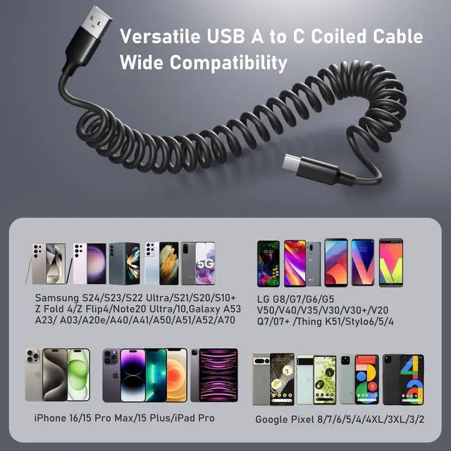 Alt view image 14 of 14 - Coiled USB C Cable for Car 5 Pack, 5FT USB Type C Coiled Cable 3A Fast Charging Retractable Auto USB A to USB C Car Charger Cord for iPhone 17 16 15 Pro Max Plus, Galaxy S25 S24 A15 A55