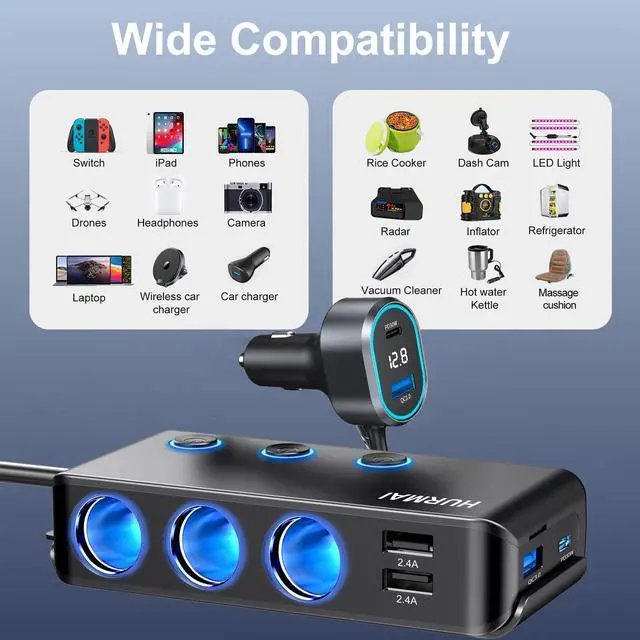 Alt view image 14 of 14 - 9 in 1 Cigarette Lighter Splitter,264W 3 Socket Car Cigarette Lighter Adapter,Type-C QC3.0 PD 30W Charging,Heavy Duty Truck Car USB Chager Multi Plug Outlet 12V/24V Independent Switches,LED Voltmeter