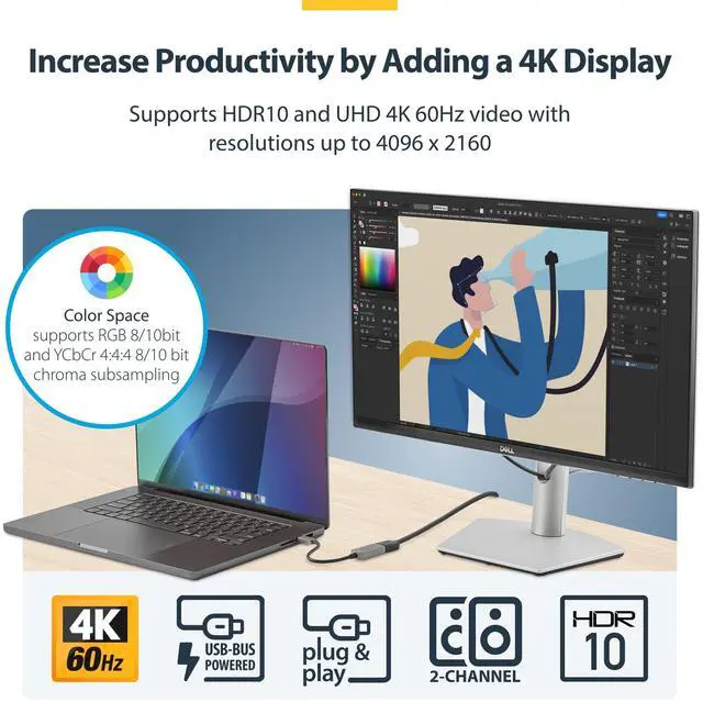 Alt view image 11 of 14 - USB-C to HDMI Adapter, 4K 60Hz Video, HDR10, USB-C to HDMI Monitor Dongle, USB4 / Thunderbolt Compatible