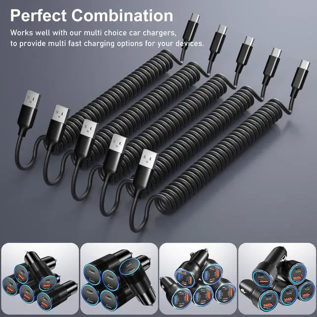 Alt view image 13 of 14 - Coiled USB C Cable for Car 5 Pack, 5FT USB Type C Coiled Cable 3A Fast Charging Retractable Auto USB A to USB C Car Charger Cord for iPhone 17 16 15 Pro Max Plus, Galaxy S25 S24 A15 A55