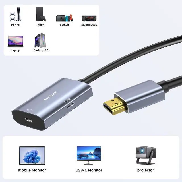 Alt view image 10 of 14 - 8K@30Hz HDMI 2.1 to USB-C Adapter, 4K@144Hz, 0.5m Graphene Cable with PD 65W Charging,HDMI Male to Type-C Female for USBC Monitor, Laptop, PS5, Xbox