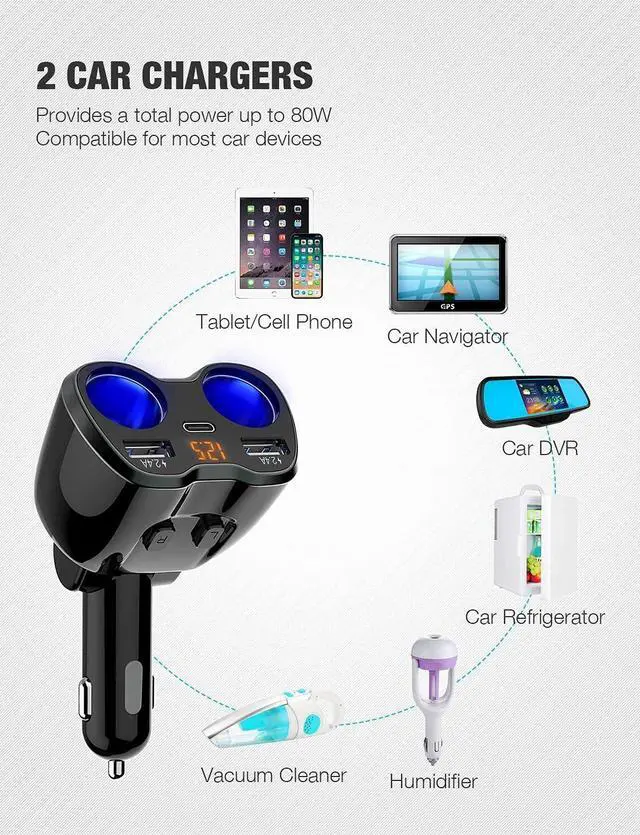 Alt view image 14 of 14 - USB C Car Charger, 2 Sockets Cigarette Lighter Splitter 12/24V 80W Dual USB Type-C Ports Separate Switch LED Voltage Display Built-in Replaceable 10A Fuse Compatible Mobile Phone GPS Dash Cam