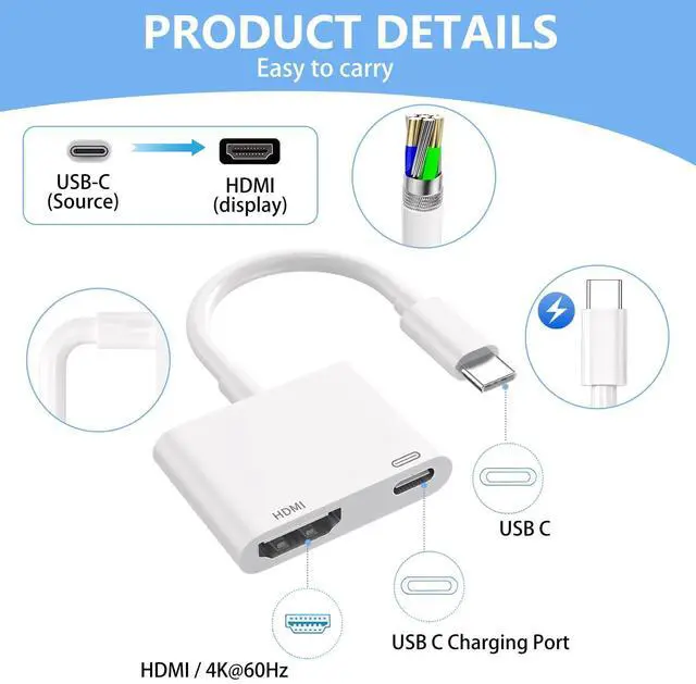 Alt view image 10 of 14 - USB C to HDMI for TV, 4K@60Hz Type C to HDMI Adapter with Charging Port, iPhone to Hdmi to USB C Adapter Compatible for iPhone 16/15 Series/iPad Pro/Galaxy/MacBook Pro to HDTV Projector