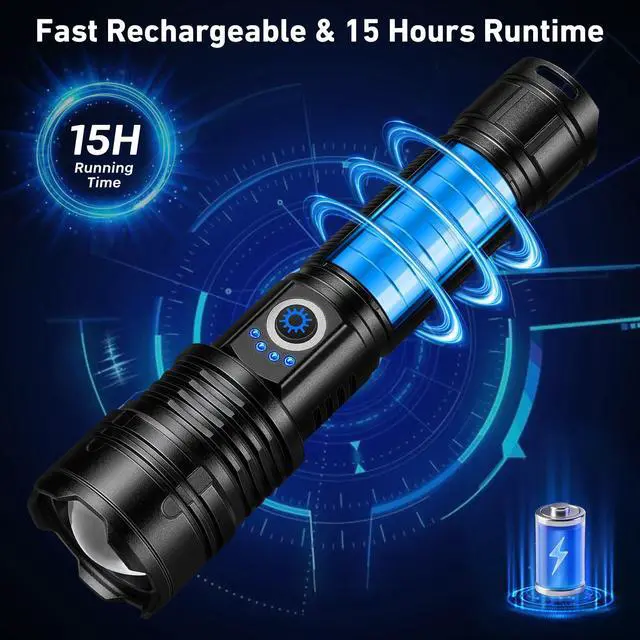 Alt view image 10 of 14 - Flashlight Rechargeable 99,000 High Lumen, 2 Pack Super Bright Rechargeable Flashlights for Home, 15H Long Life LED Flash Light with 5 Light Modes, IPX7 Waterproof for Outdoor, Camping, Hiking