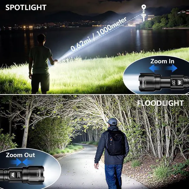 Alt view image 9 of 14 - LED Rechargeable Flashlight 2Pack, 3Modes Super Bright High Lumens Flashlights, Zoomable Tactical Flashlight with LCD Display, IP65 Waterproof Flashlights for Home Emergency Camping & Gifts Men