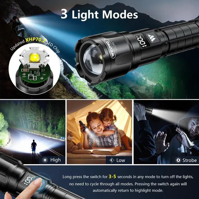 Alt view image 10 of 14 - LED Rechargeable Flashlight 2Pack, 3Modes Super Bright High Lumens Flashlights, Zoomable Tactical Flashlight with LCD Display, IP65 Waterproof Flashlights for Home Emergency Camping & Gifts Men