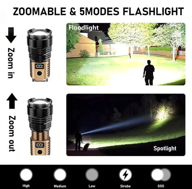 Alt view image 9 of 14 - Flashlights High Lumens Rechargeable, 100,000LM LED Super Bright Flash Light, Zoomable Linternas with LCD Digital Display, 5 Mode, Waterproof, Powerful Tactical Flashlight for Emergencies Camping Gift