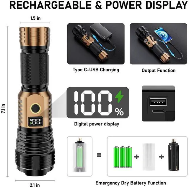 Alt view image 10 of 14 - Flashlights High Lumens Rechargeable, 100,000LM LED Super Bright Flash Light, Zoomable Linternas with LCD Digital Display, 5 Mode, Waterproof, Powerful Tactical Flashlight for Emergencies Camping Gift