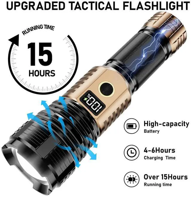 Alt view image 11 of 14 - Flashlights High Lumens Rechargeable, 100,000LM LED Super Bright Flash Light, Zoomable Linternas with LCD Digital Display, 5 Mode, Waterproof, Powerful Tactical Flashlight for Emergencies Camping Gift