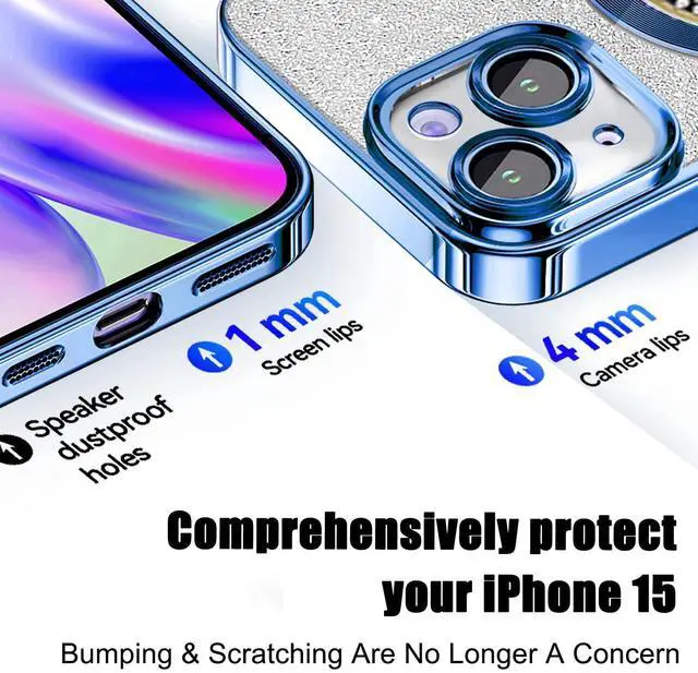 Alt view image 12 of 14 - for iPhone 15 Magnetic Case Compatible with MagSafe,Full Protection Slim Shockproof Anti-Scratch Glitter Case with Camera Lens Protector Logo View Dust-Proof Net for Women Blue
