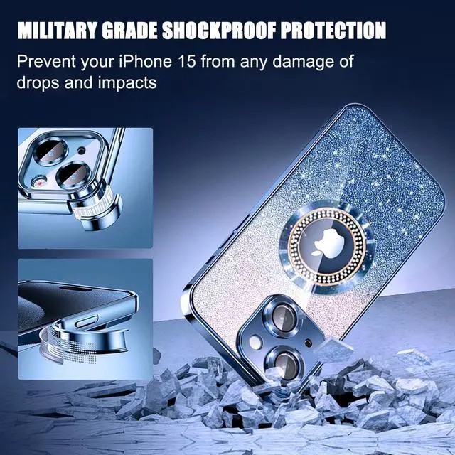 Alt view image 13 of 14 - for iPhone 15 Magnetic Case Compatible with MagSafe,Full Protection Slim Shockproof Anti-Scratch Glitter Case with Camera Lens Protector Logo View Dust-Proof Net for Women Blue