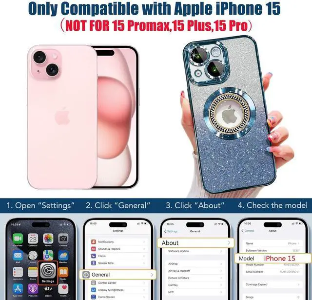 Alt view image 9 of 14 - for iPhone 15 Magnetic Case Compatible with MagSafe,Full Protection Slim Shockproof Anti-Scratch Glitter Case with Camera Lens Protector Logo View Dust-Proof Net for Women Blue
