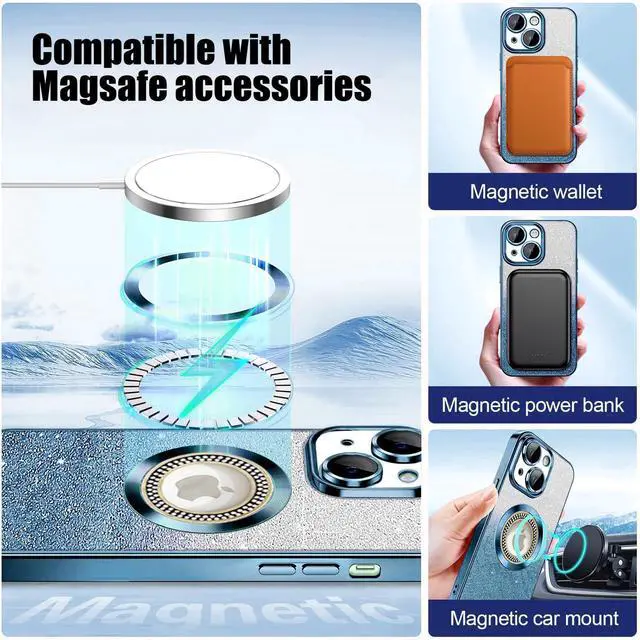 Alt view image 10 of 14 - for iPhone 15 Magnetic Case Compatible with MagSafe,Full Protection Slim Shockproof Anti-Scratch Glitter Case with Camera Lens Protector Logo View Dust-Proof Net for Women Blue