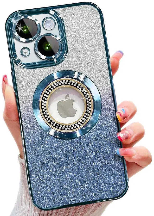 Alt view image 8 of 14 - for iPhone 15 Magnetic Case Compatible with MagSafe,Full Protection Slim Shockproof Anti-Scratch Glitter Case with Camera Lens Protector Logo View Dust-Proof Net for Women Blue