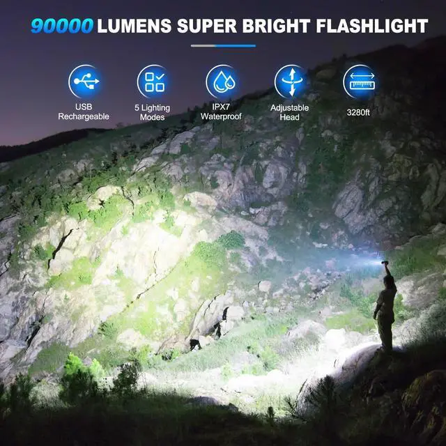 Alt view image 9 of 14 - Flashlights High Lumens Rechargeable, 2 Pack 90,000 Lumens Super Bright Flashlight, 5 Modes LED Flashlight, IPX7 Waterproof Powerful Flash Light for Home, Outdoor Activities