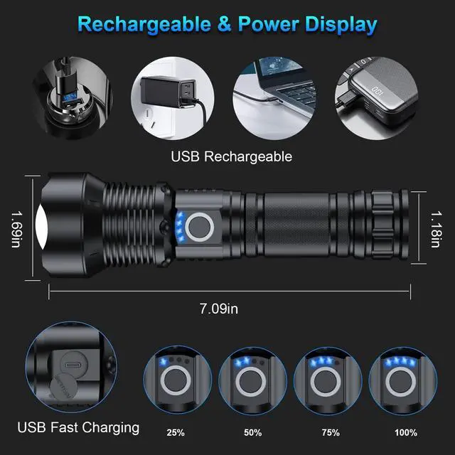 Alt view image 13 of 14 - Rechargeable Flashlights 90000 High Lumens - 2 Pack, Super Bright 12 Hours Long Life LED Flashlight with 5 Modes, High Powered Flash Light for Home, Outdoor