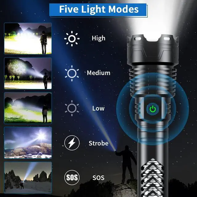 Alt view image 10 of 14 - Super Bright LED Flashlight, 1000000 High Lumen Rechargeable Flashlights with Long Handle, 10000mAh Battery, Zoomable 5 Modes for Outdoor Camping, Emergencies, XHP160-L