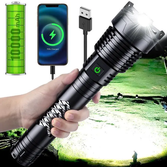 Alt view image 8 of 14 - Super Bright LED Flashlight, 1000000 High Lumen Rechargeable Flashlights with Long Handle, 10000mAh Battery, Zoomable 5 Modes for Outdoor Camping, Emergencies, XHP160-L