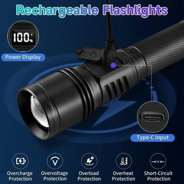 Alt view image 11 of 14 - Rechargeable Flashlights High Lumens 2Pack, 5Modes Super Bright Flashlight Rechargeable, LED Flashlight Powerful, Handheld Tactical Flash Lights for Home Emergencies Camping Essentials, Gifts for Men