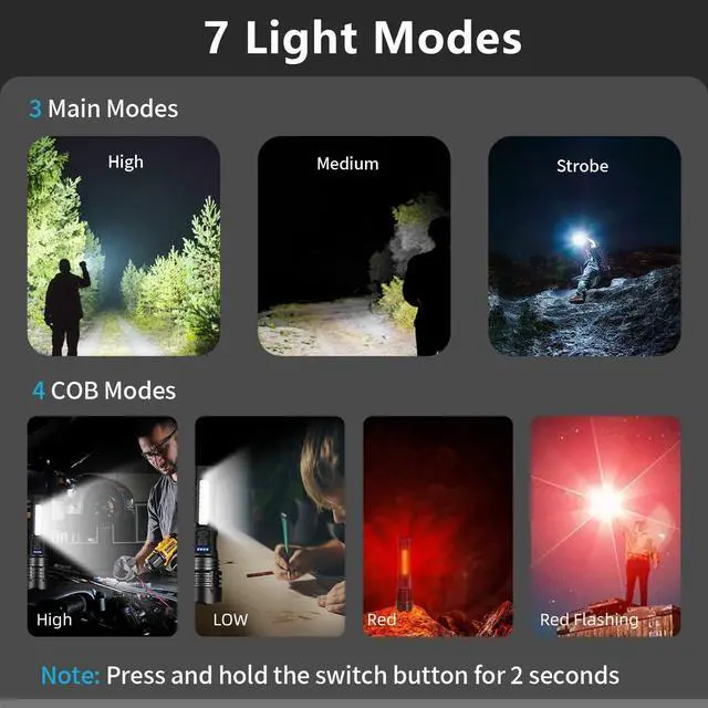 Alt view image 10 of 14 - 2 Pack LED Rechargeable Flashlights, 90,000 High Lumens Super Bright Flash Light, 7 Modes with COB Light, IPX6 Waterproof, Adjustable Focus Tactical Flashlights for Home Camping and Emergencies