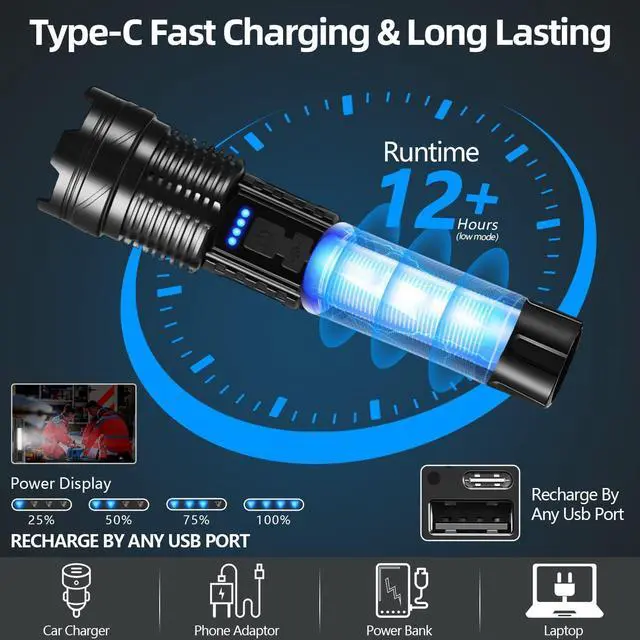 Alt view image 12 of 14 - 2 Pack LED Rechargeable Flashlights, 90,000 High Lumens Super Bright Flash Light, 7 Modes with COB Light, IPX6 Waterproof, Adjustable Focus Tactical Flashlights for Home Camping and Emergencies