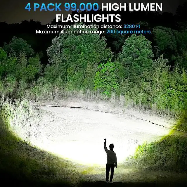 Alt view image 9 of 14 - 4 Pack Flashlight Rechargeable 99,000 High Lumens, Super Bright Rechargeable Flashlights for Home, Powerful LED Flash Light with 5 Light Modes, IPX7 Waterproof for Outdoor, Camping