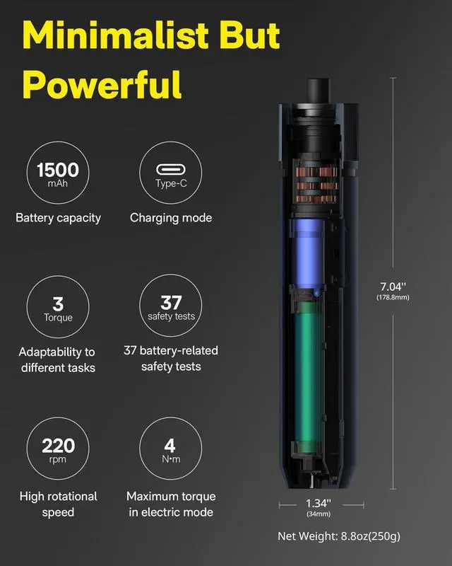 Alt view image 10 of 14 - Electric Screwdriver Rechargeable, 3.6V Cordless Screwdriver Set USB-C, 1/4'' Hex Bits, 3 Torque Settings, 1500mAh Battery, LED Light & 12 S2 Metal Bits for Furniture/Electrical Repairs