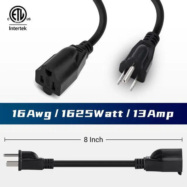 Alt view image 8 of 12 - 8 Inch Short Power Extension Cord 5 Pack,3-Prong Male to Female Heavy Duty Grounded Power Extension Cable Outlet Saver Socket Adapter, ETL Listed, 16AWG, SJTW 13A 1625W-Black