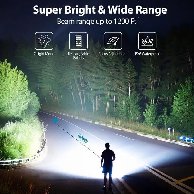 Alt view image 9 of 14 - 2 Pack LED Rechargeable Flashlights, 90,000 High Lumens Super Bright Flash Light, 7 Modes with COB Light, IPX6 Waterproof, Adjustable Focus Tactical Flashlights for Home Camping and Emergencies