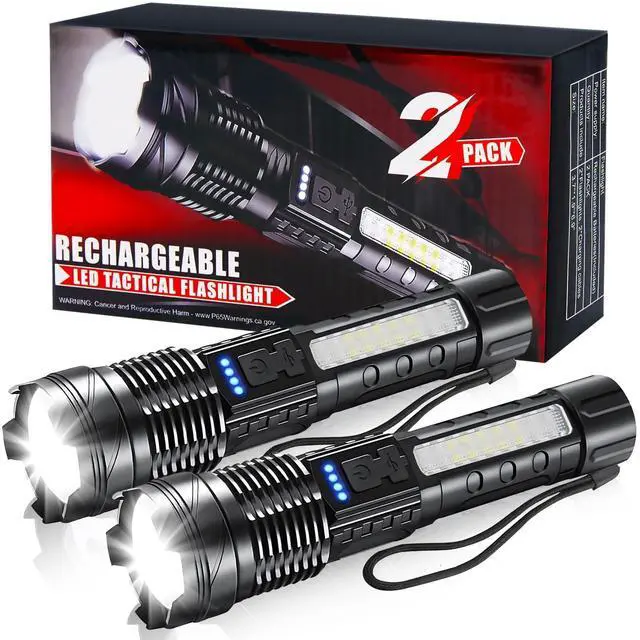 Alt view image 8 of 14 - 2 Pack LED Rechargeable Flashlights, 90,000 High Lumens Super Bright Flash Light, 7 Modes with COB Light, IPX6 Waterproof, Adjustable Focus Tactical Flashlights for Home Camping and Emergencies