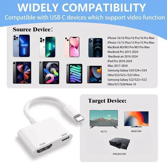 Alt view image 9 of 14 - USB C to HDMI for TV, 4K@60Hz Type C to HDMI Adapter with Charging Port, iPhone to Hdmi to USB C Adapter Compatible for iPhone 16/15 Series/iPad Pro/Galaxy/MacBook Pro to HDTV Projector