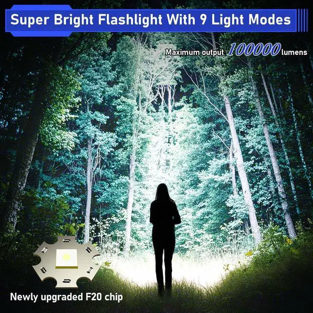 Alt view image 9 of 14 - Flashlights High Lumens, Rechargeable Flashlight 100000 Lumens with Magnetic, Bright Flash Light 9 Modes with 5000 mAh Battery, Tactical Flashlight for Camping, Hiking, Dog Walking