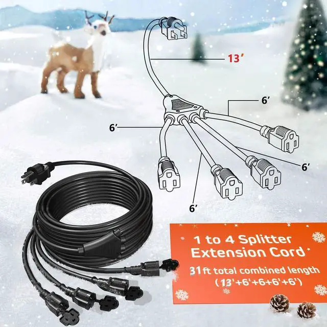 Alt view image 13 of 14 - Black 1 to 4 Splitter Extension Cord (Combined 31 FT, End to End 13 FT), 3 Prong Plug with 4 Extended Outlets, with Weatherproof Covers for Indoor and Outdoor