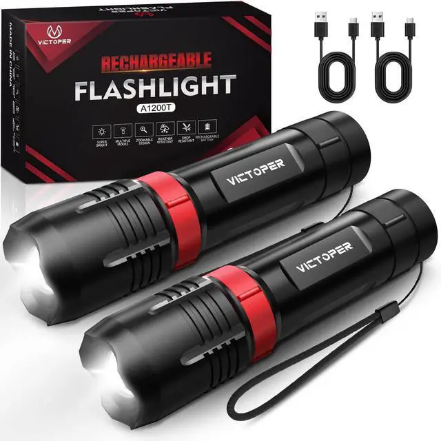 Alt view image 8 of 14 - Rechargeabe Flashlight 2 Pack, High Lumens 5 Modes LED Bright Tactical Flashlights, Waterproof Zoomable Flash Light for Outdoor, Gifts for Camping Essentials Gear