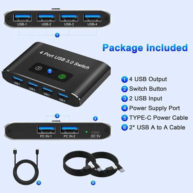 Alt view image 13 of 14 - USB Switch, USB Switcher 2 Computers, USB 3.0 Switch Sharing 4 USB Devices KVM Switcher Box for PC, Printer, Scanner, Mouse, Keyboard with 2 Pack USB Cable, Compatible with Mac/Windows/Linux