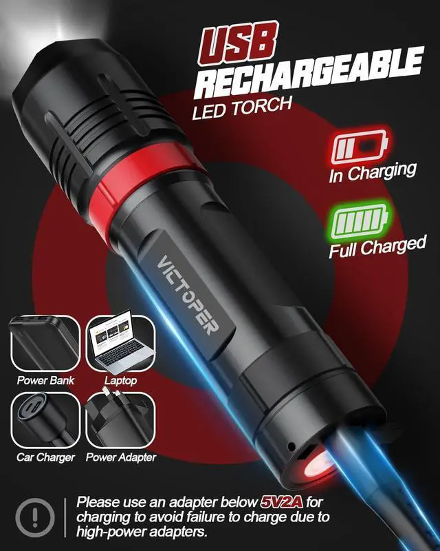 Alt view image 12 of 14 - Rechargeabe Flashlight 2 Pack, High Lumens 5 Modes LED Bright Tactical Flashlights, Waterproof Zoomable Flash Light for Outdoor, Gifts for Camping Essentials Gear