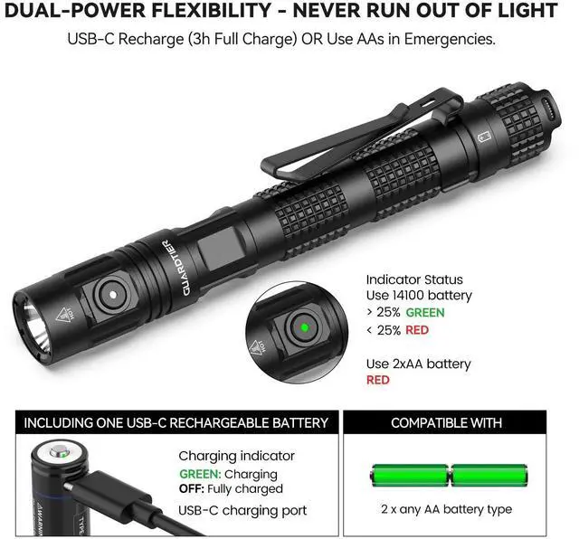 Alt view image 12 of 14 - ML70 1500 Lumen EDC Flashlight Rechargeable, Pen Style Self Defense Compact Tactical Flashlight with 2AA Dual Power, IPX7 Waterproof Pocket light for Camping, Emergencies, Outdoor Activities