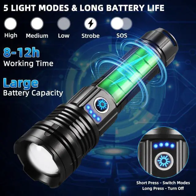 Alt view image 9 of 12 - Flashlights High Lumens Rechargeable, Super Bright Flashlight, Adjustable Tactical Flashlight, 5Mode Flash Light High Powered, Waterproof LED Flashlight for Camping, Hiking, Home, Emergencies