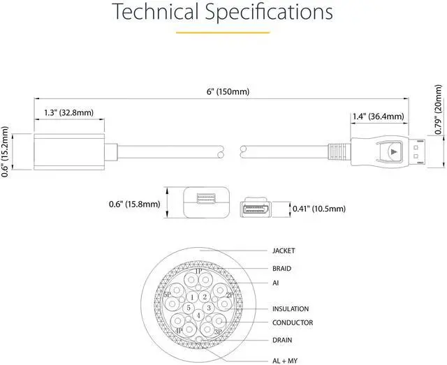 Alt view image 12 of 14 - 6in (15cm) DisplayPort to Mini DisplayPort Adapter, 4K Video, DP to mDP Converter (Not compatible w/Thunderbolt)
