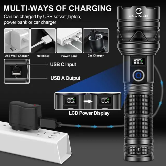 Alt view image 13 of 14 - Rechargeable Flashlights 10000 High Lumens, Long Range 5000ft, Super Bright LED Flashlight USB C, High Powerd Multi-functional Heavy Duty Strong Flash Light High Beam, For Emergency Home Camping