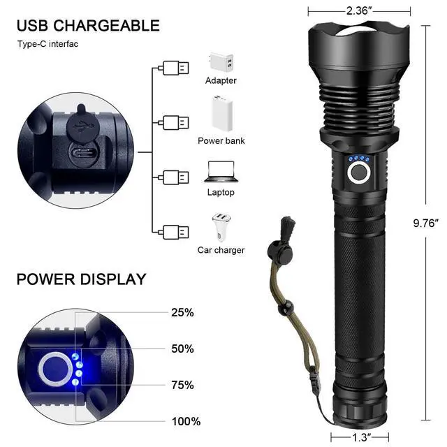 Alt view image 11 of 12 - Rechargeable LED Flashlight, 90,000 Lumens Super Bright Tactical Flashlights with Zoomable 10 Modes Waterproof Flash Light for Camping Emergencies Outdoor Indoor