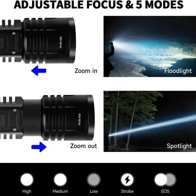 Alt view image 9 of 14 - Rechargeable LED Flashlights 10000.00 High Lumens, High Powered Waterproof Tactical Flashlight Spotlight Flashlight for Home, Bright Flashlight Black for Outdoor Camping Emergency