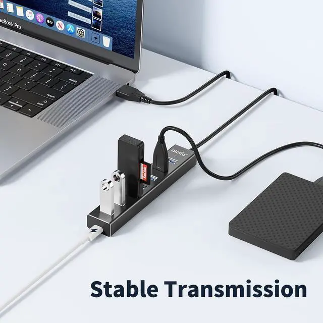 Alt view image 10 of 14 - Aluminum 7-Port USB 3.0 Hub with 1m Extension Cable - 5Gbps High-Speed Data Transfer for MacBook Pro, Laptop, PC, Gaming Setup