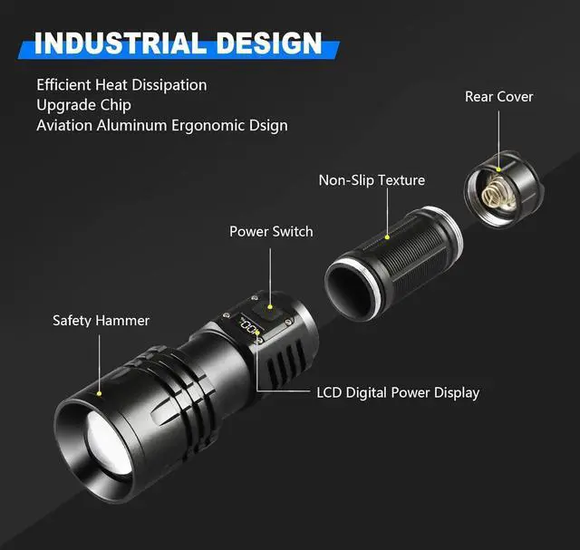 Alt view image 13 of 14 - Rechargeable LED Flashlights 10000.00 High Lumens, High Powered Waterproof Tactical Flashlight Spotlight Flashlight for Home, Bright Flashlight Black for Outdoor Camping Emergency