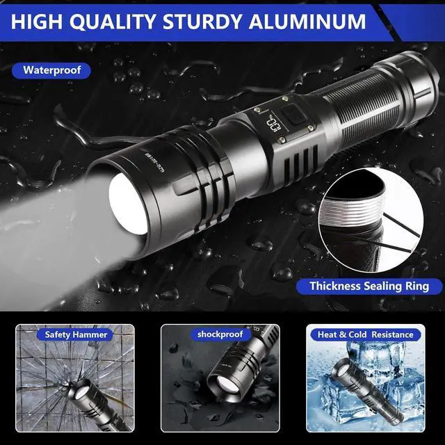 Alt view image 14 of 14 - Rechargeable LED Flashlights 10000.00 High Lumens, High Powered Waterproof Tactical Flashlight Spotlight Flashlight for Home, Bright Flashlight Black for Outdoor Camping Emergency