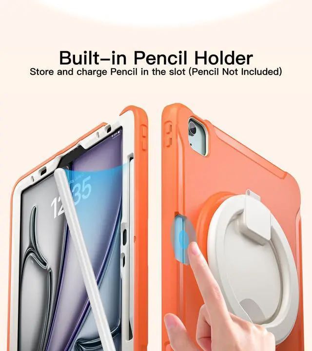 Alt view image 14 of 14 - Case for iPad Air 11" M2/M3/M4, Air 4/5 10.9", iPad Pro 11" 1st-4th Gen 2018-2022 | 360° Multi-Angle Stand (Portrait & Landscape) & Grip, Built-in Pencil Holder, Coral Orange